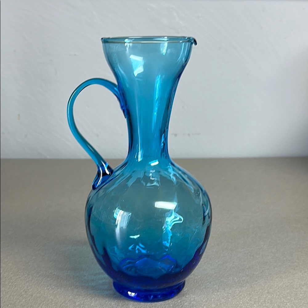 Vintage Turquoise Blue Hand Blown Art Glass Decanter/Pitcher